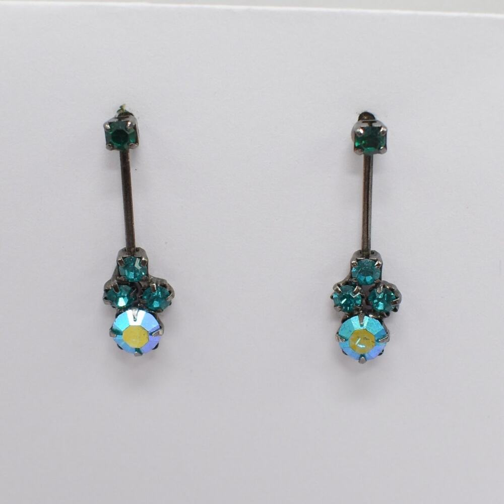 Teal Green Rhinestone Drop Dangle Earrings Sparkly Dark Romantic Glam Jewelry